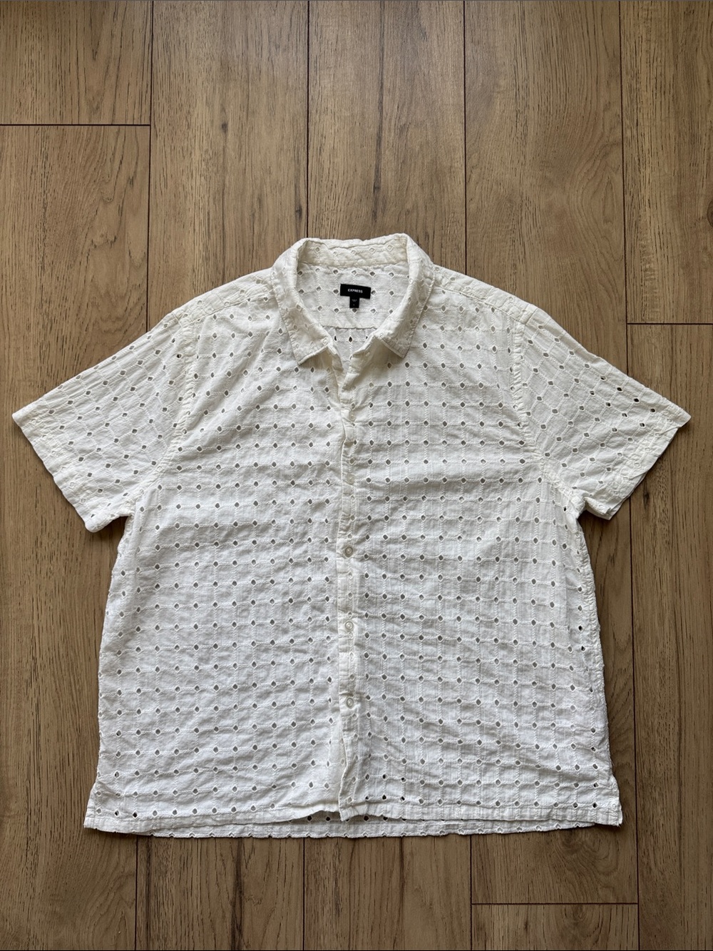Express White Eyelet Shirt Men’s Large Short Sleeve Summer Cotton Button Up